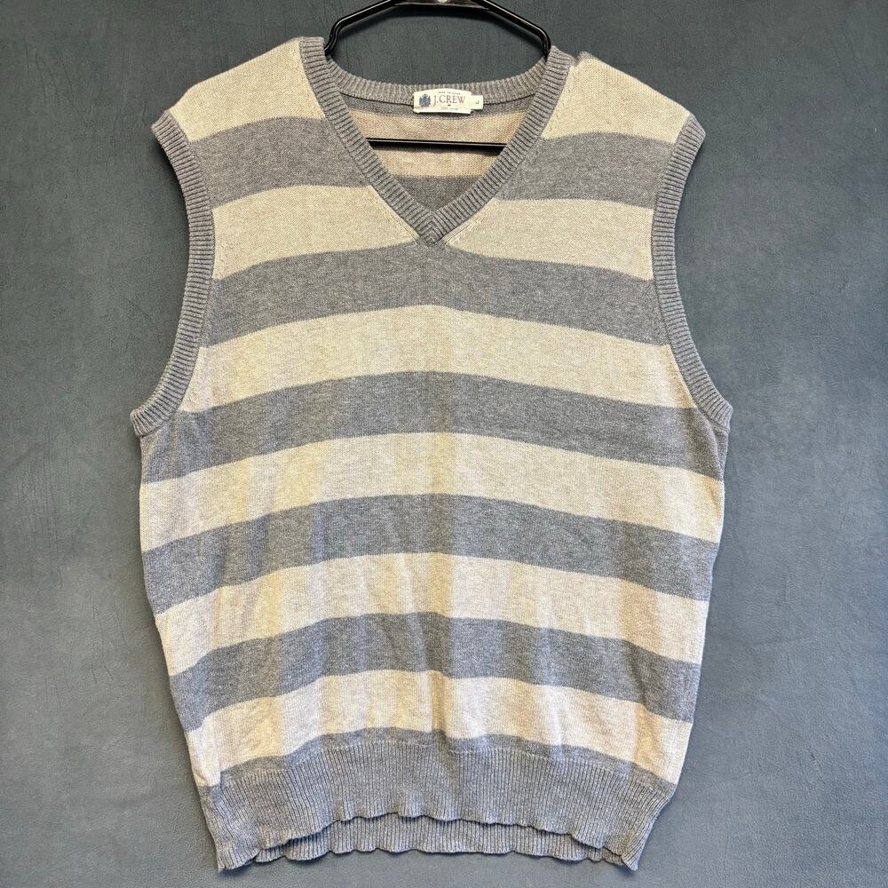 J.Crew Men’s Large Cotton Sweater Vest Gray Beige Stripe V-Neck Preppy